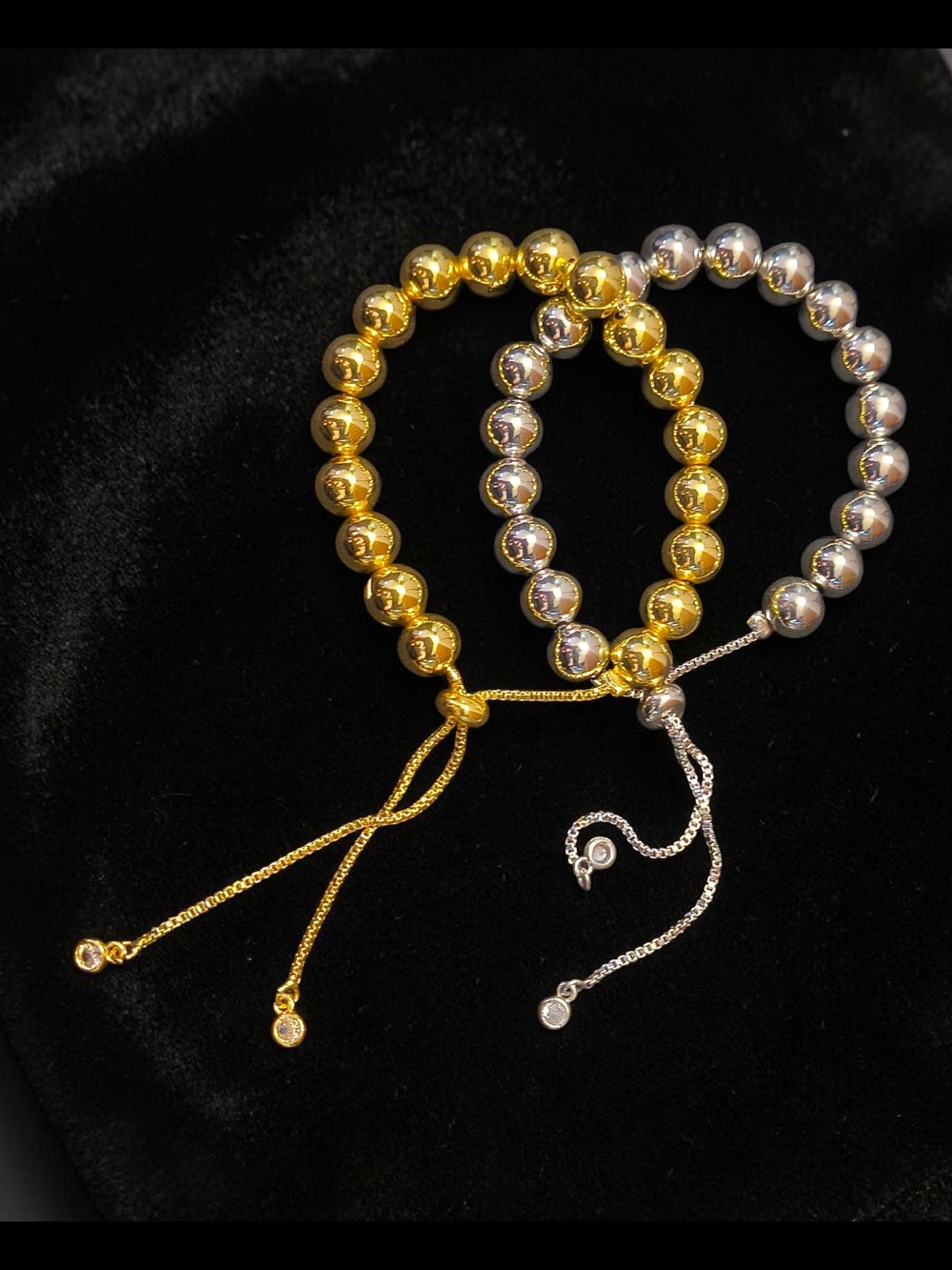Adjustable Gold & Silver Beaded Bracelet Set Layered Ball Bead Bracelets OS - Picture 3 of 6